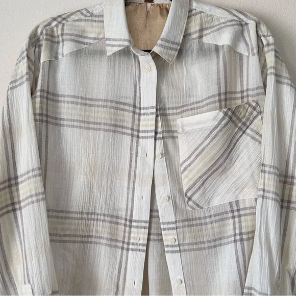 FREE PEOPLE Cutie Plaid Button Down Shirt Top Blouse Dolman Sleeves Ivory SM - Picture 4 of 16